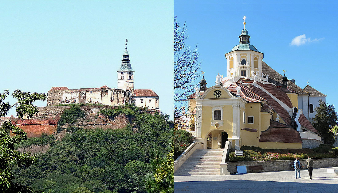 Links die Burg Güssing und rechts die Bergkirche in Eisenstadt auf einem Bild ...