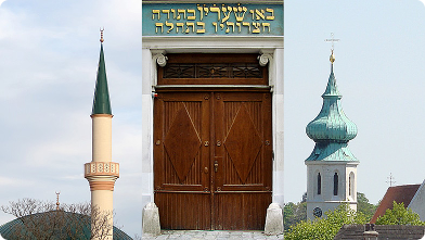 Moschee in Wien-Floridsdorf, Portal des Stadttempels und Turm der Pfarrkirche in Grinzing als Fotocollage ...